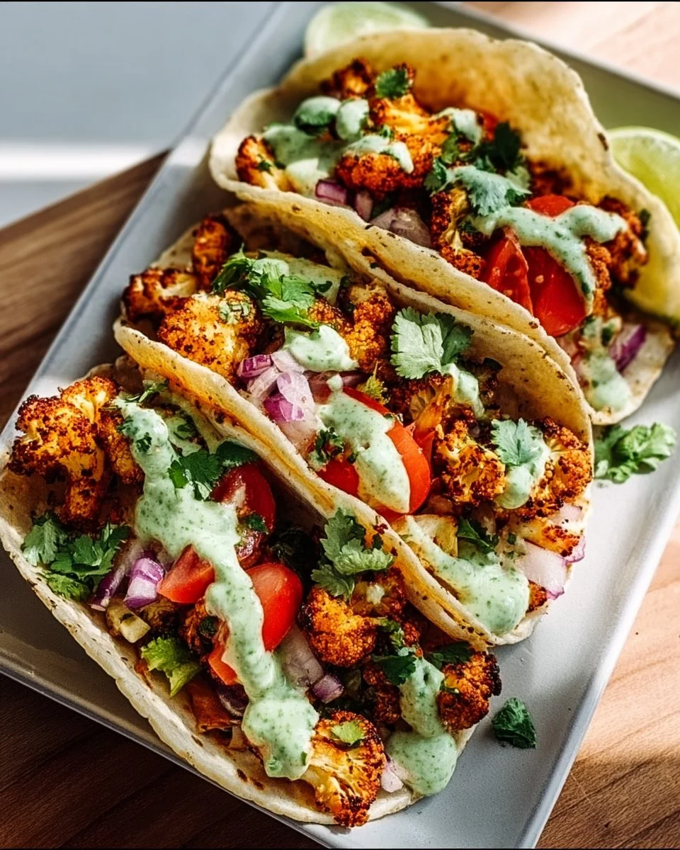 Crispy and spicy cauliflower tacos served with fresh toppings.