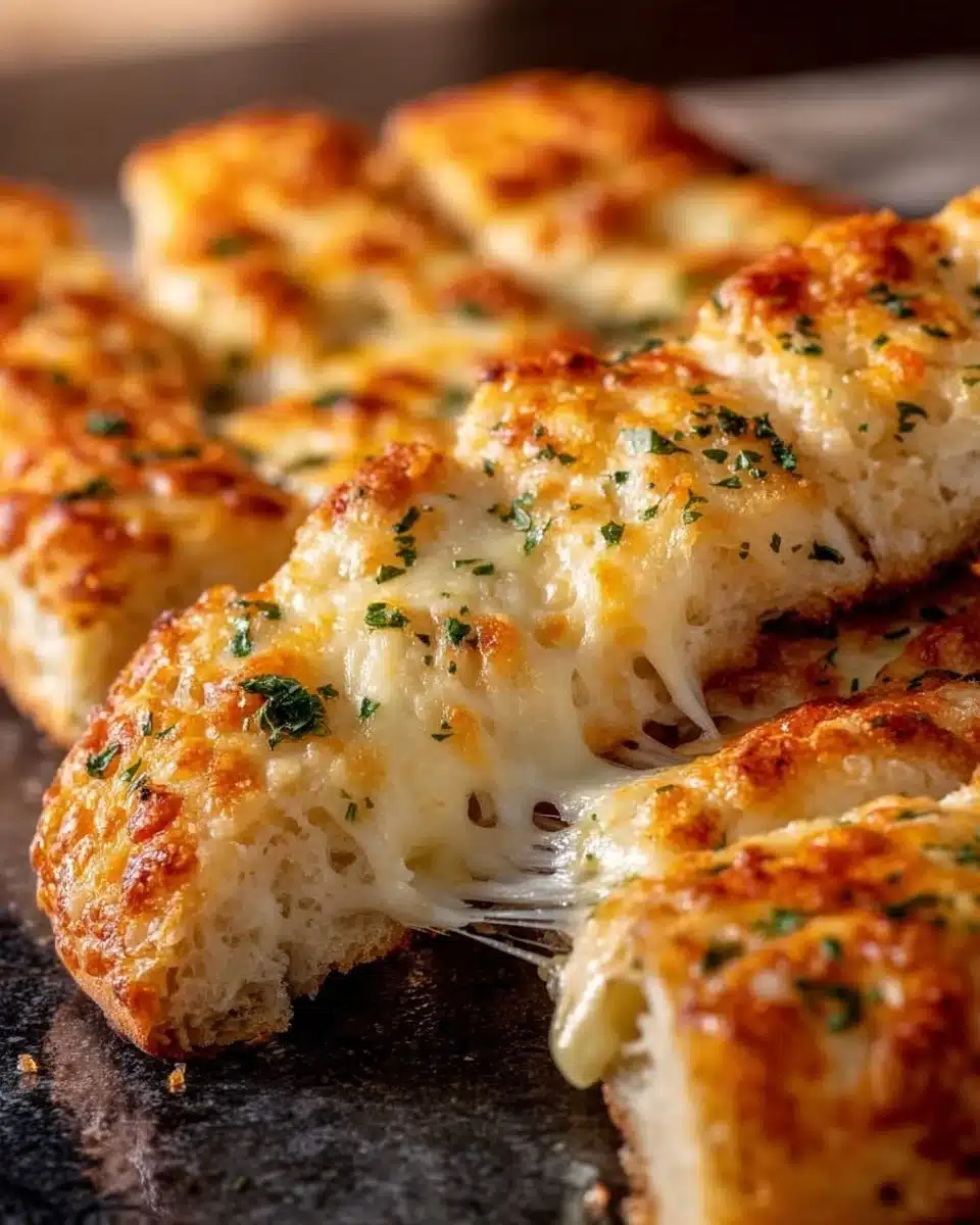 Cheesy breadsticks with a golden crust and melty cheese pull