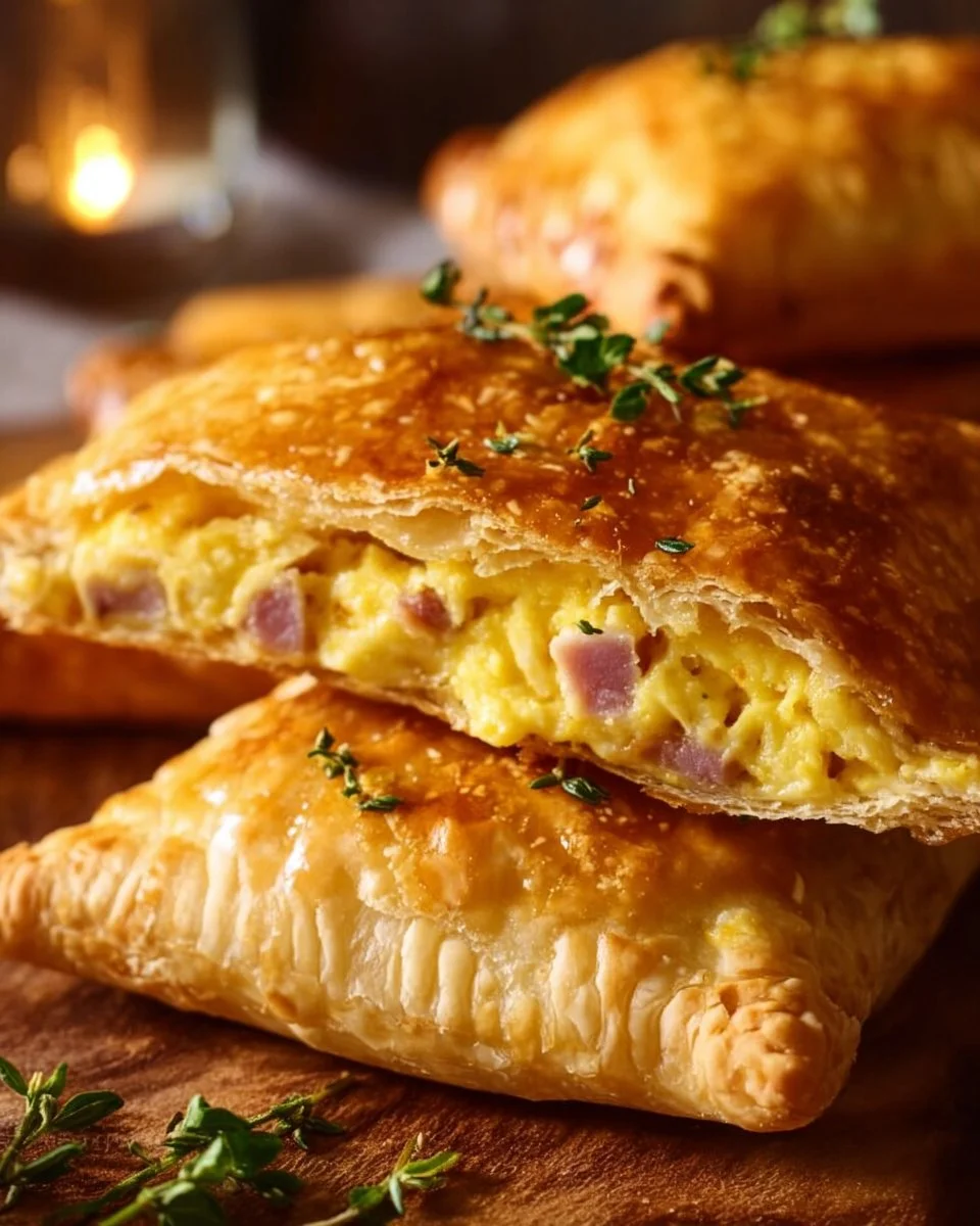 Cheesy eggs and bacon breakfast pockets with crispy edges served on a plate