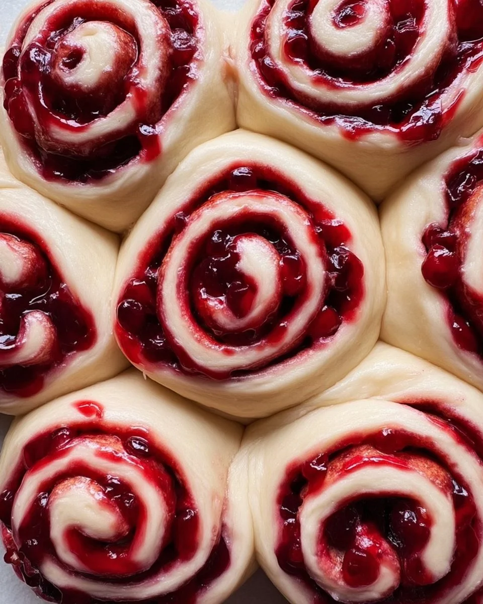 Freshly baked Cherry Cinnamon Rolls with homemade cherry filling and icing
