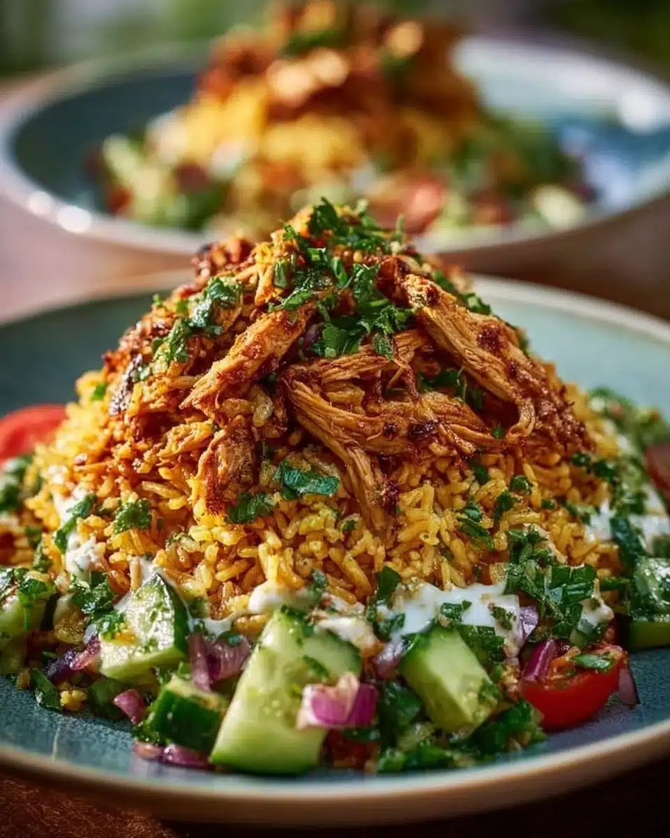Delicious Chicken Shawarma Crispy Rice Salad with fresh vegetables