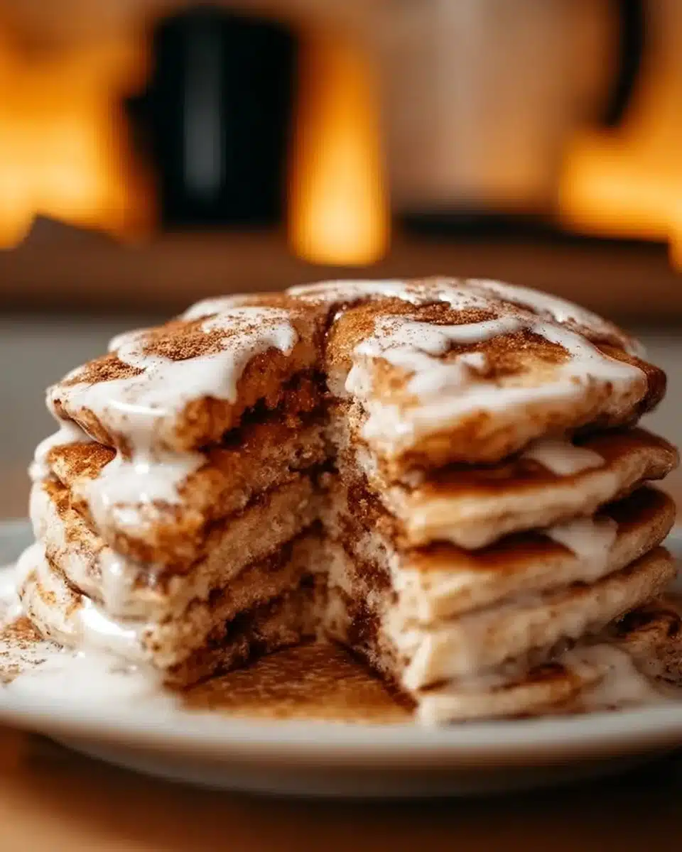 Delicious cinnamon roll pancakes stack drizzled with icing on a plate.