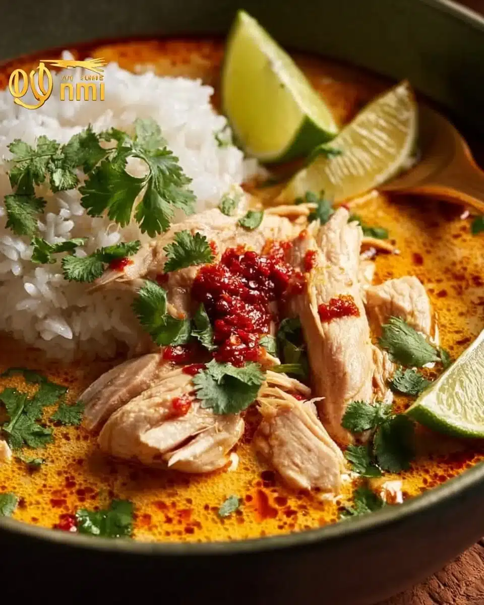 Bowl of coconut chicken brothy rice garnished with herbs