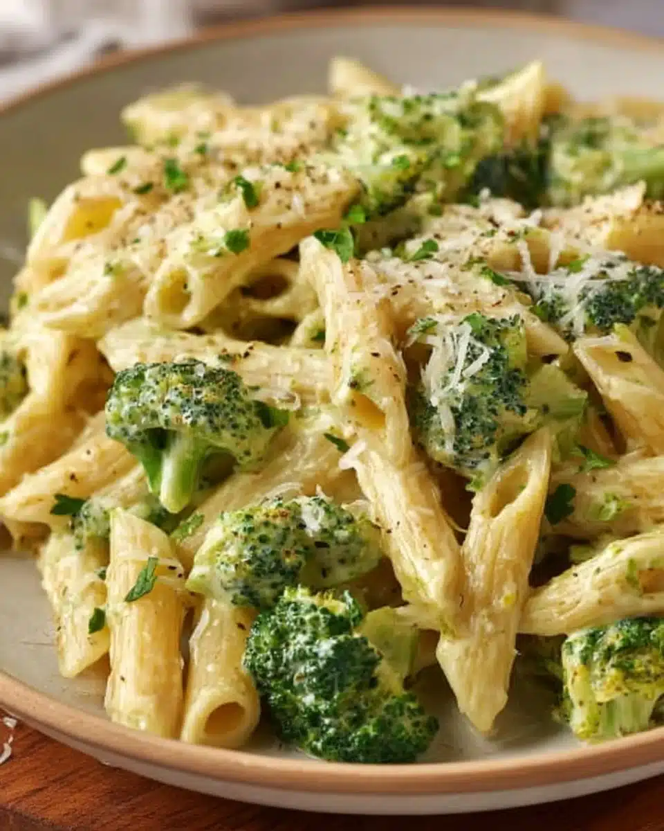 Creamy chicken broccoli pasta dish with vibrant vegetables and a rich sauce.