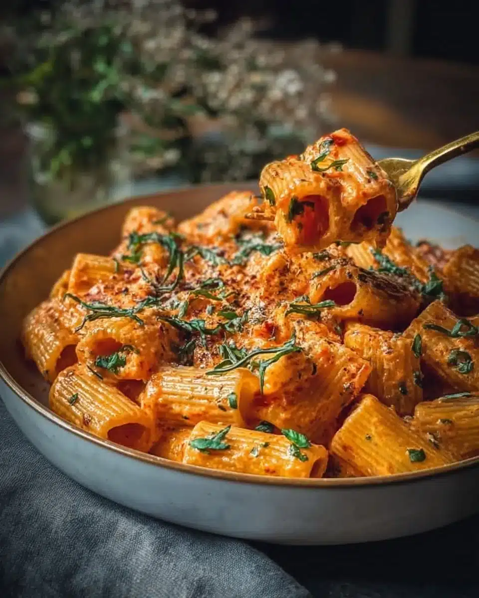 Creamy tomato garlic pasta dish garnished with herbs and cheese