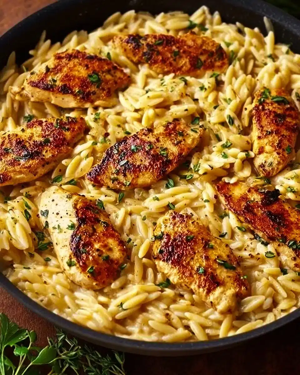 One-Pot Cajun Chicken Alfredo Orzo garnished with parsley in a bowl