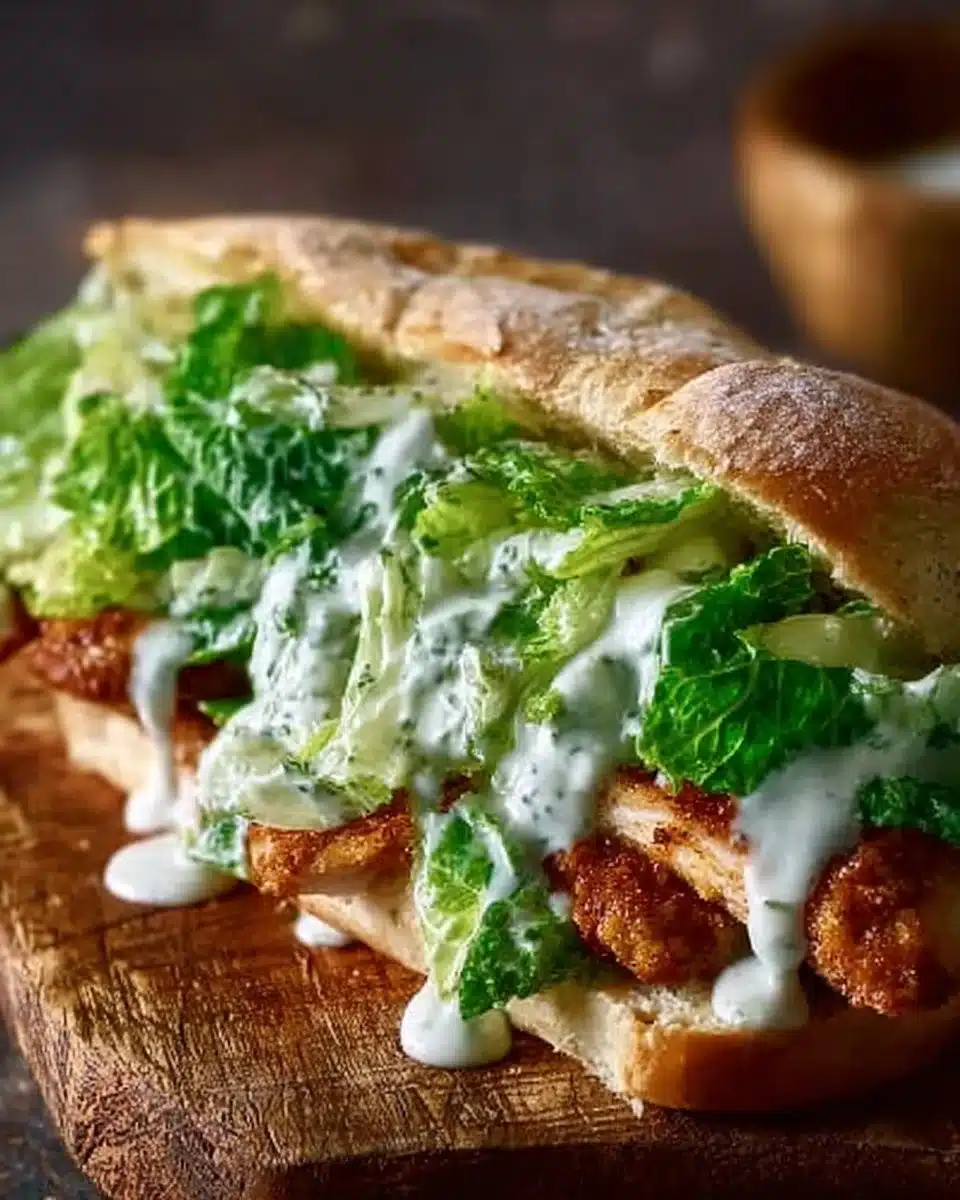 Crispy Chicken Caesar Sandwich topped with lettuce and Caesar dressing