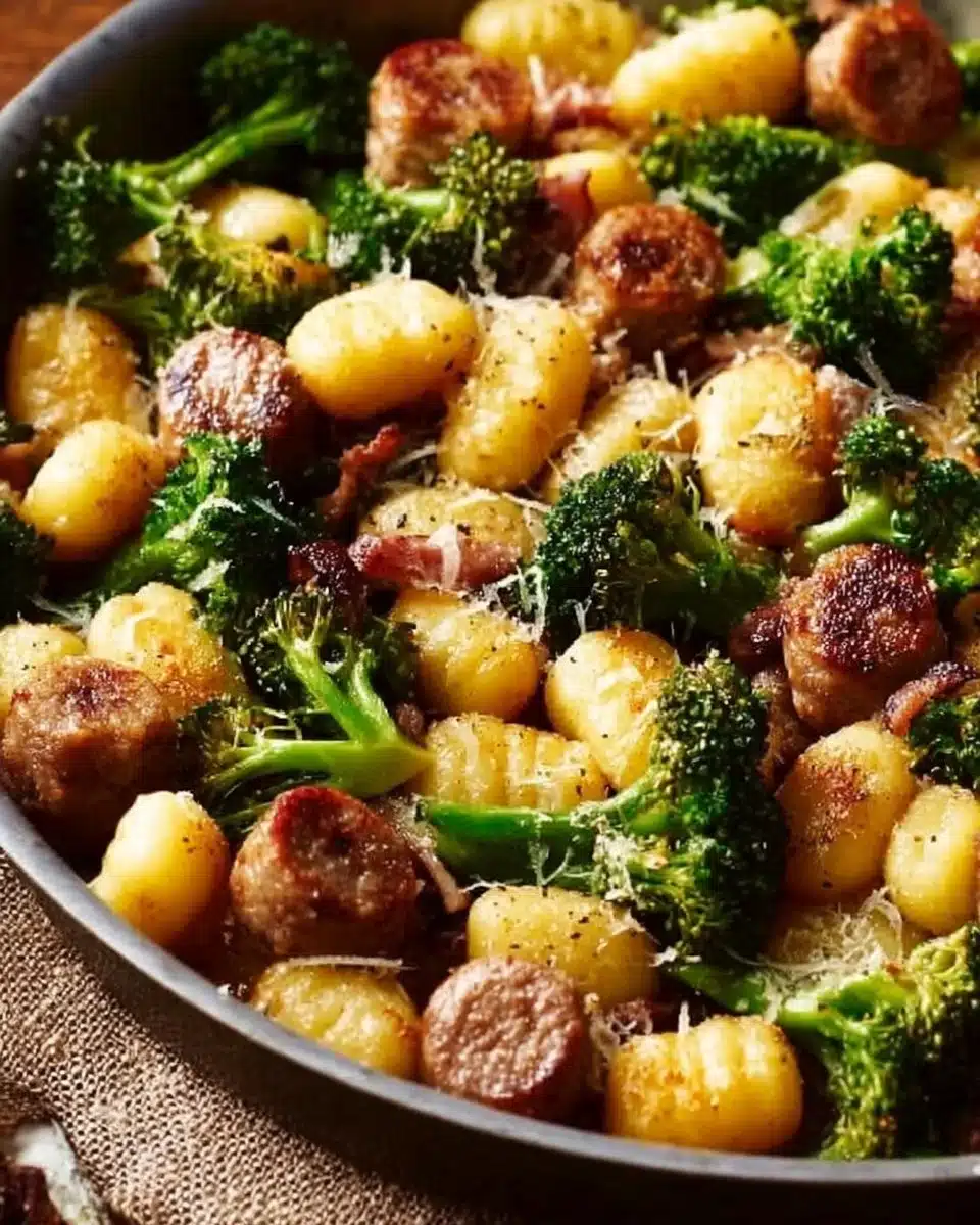 Crispy gnocchi with sausage and broccoli, golden and savory dish served in a bowl