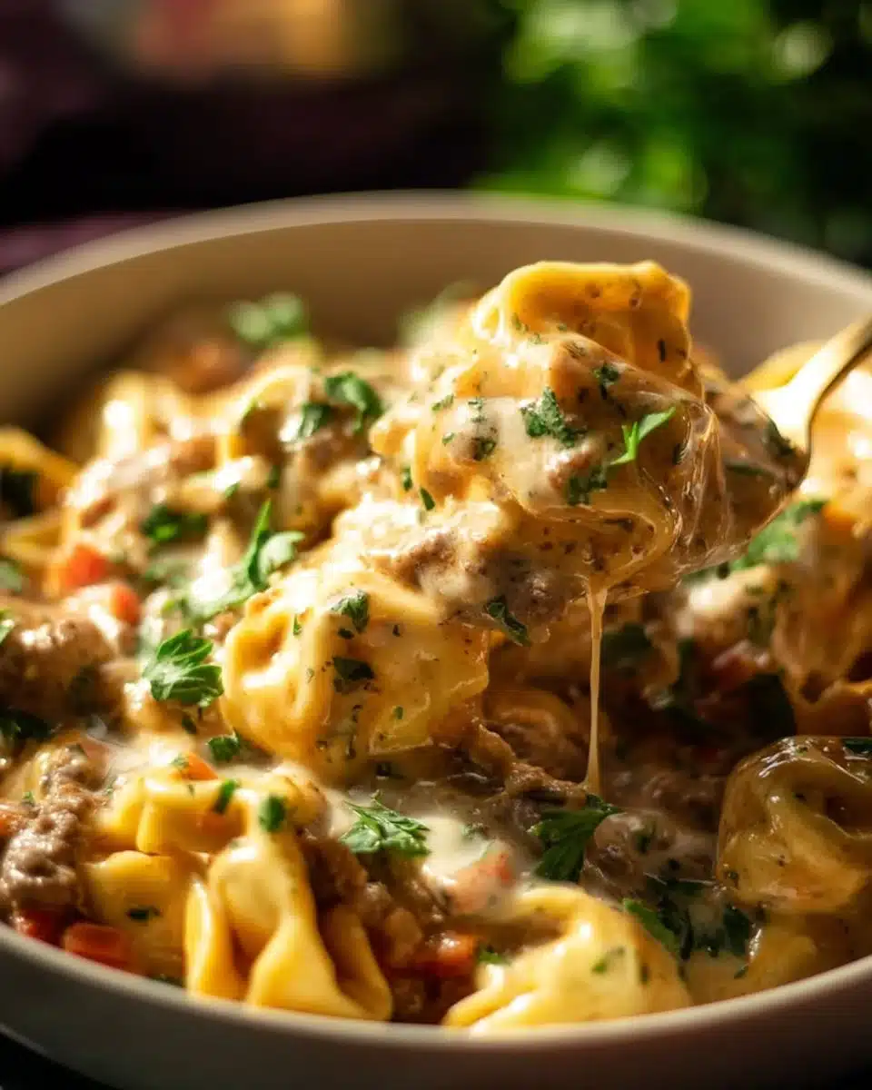 Delicious crock pot cheesesteak tortellini with creamy cheese and herbs