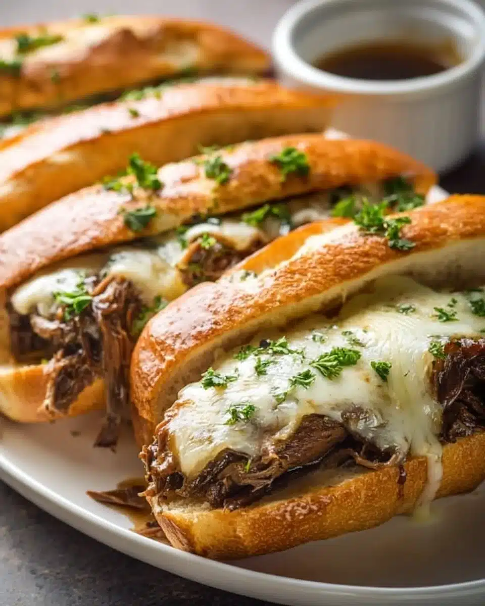 Crockpot French Dip Sandwiches with juicy beef and au jus for dipping.