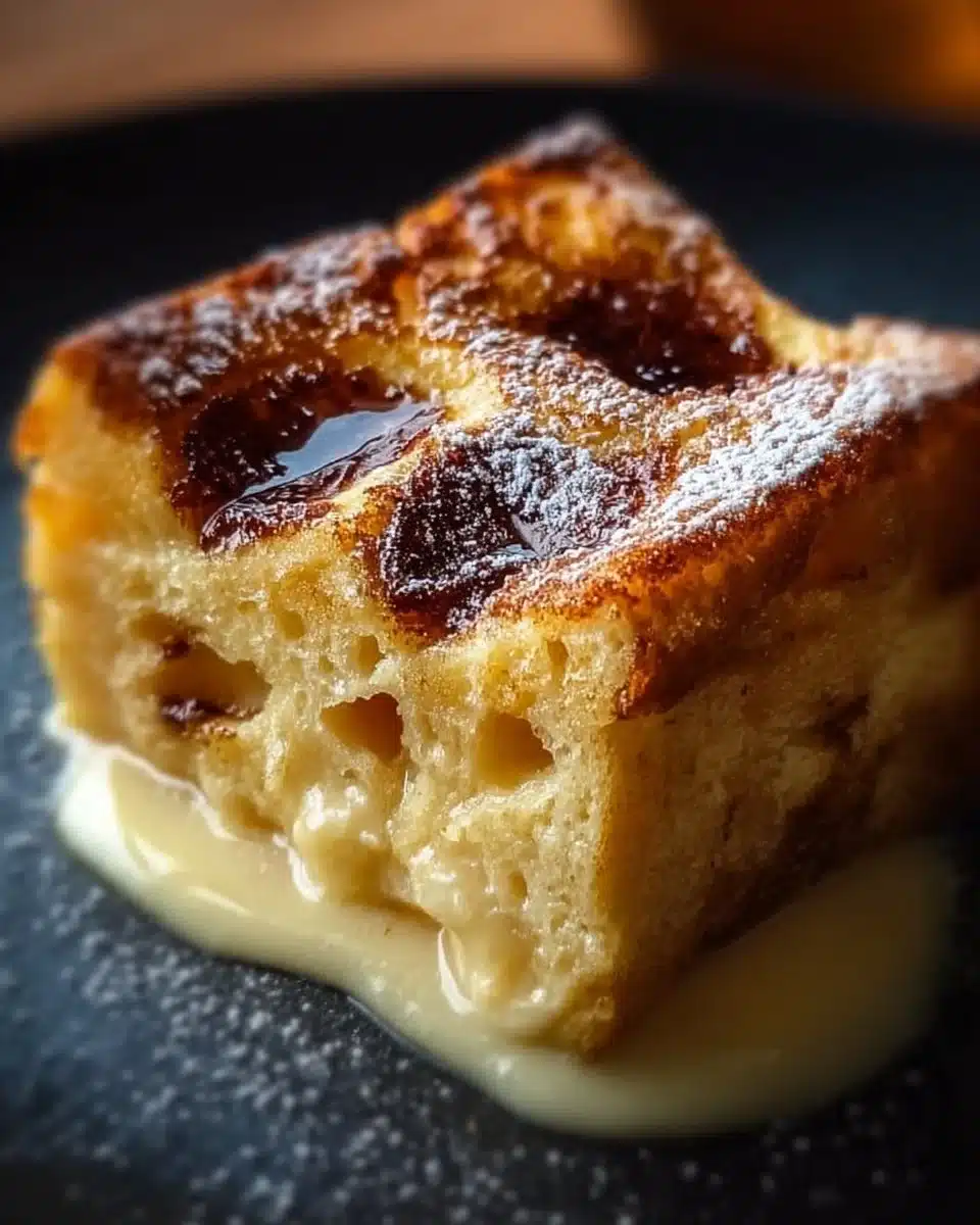 Delicious custard bread pudding served in a bowl, highlighting its creamy texture.