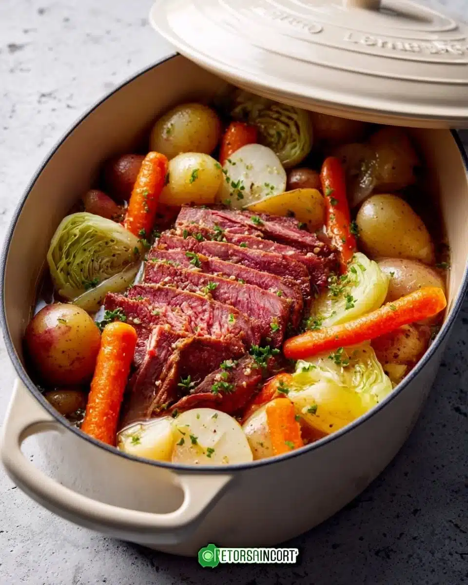 Dutch oven corned beef slow cooked to perfection until tender