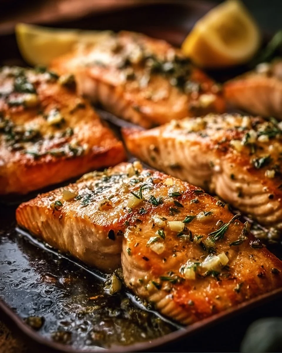 Delicious garlic butter baked salmon served with fresh herbs and lemon