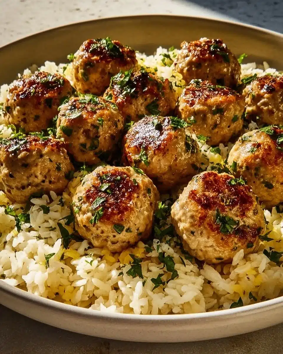Plate of Greek Turkey Meatballs served with lemon herb rice