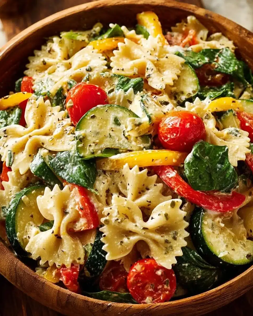 High protein cottage cheese pasta salad with vegetables in a bowl