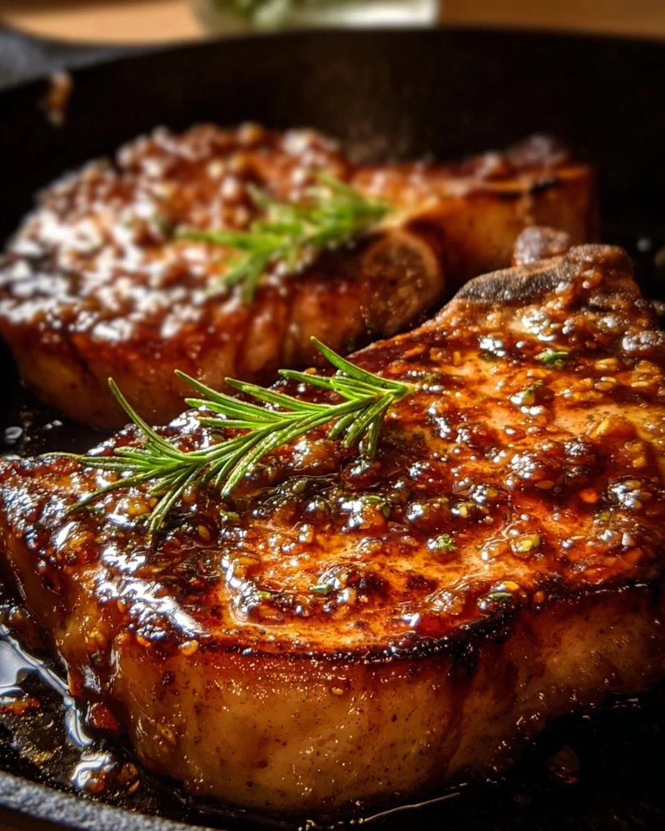 Honey garlic pork chops with a sticky sweet glaze served on a plate