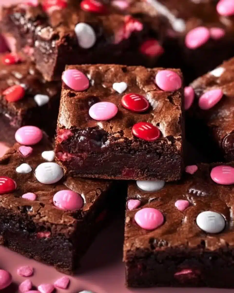 Irresistible Valentine's M&M Brownies decorated with colorful candies