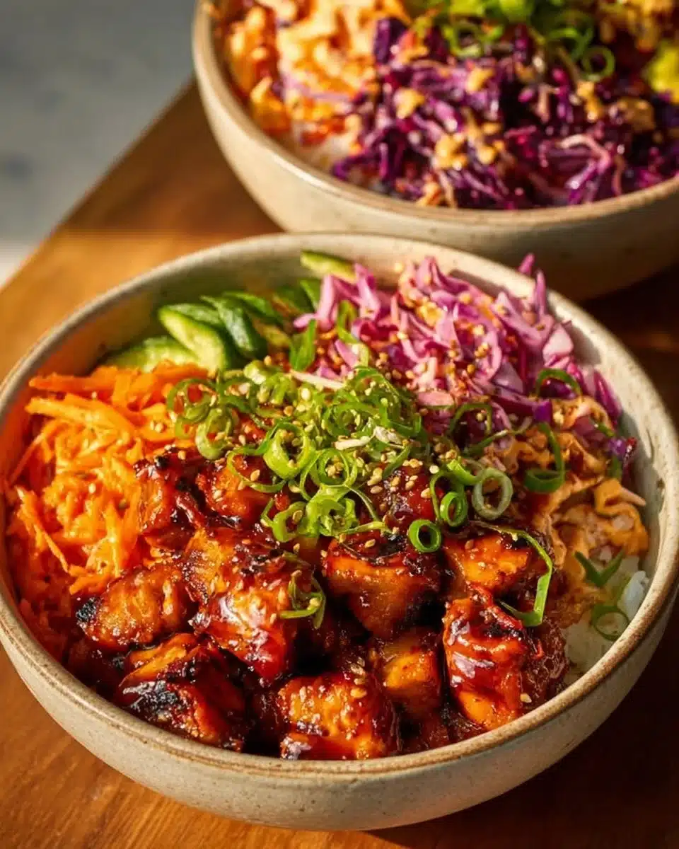 Delicious Korean BBQ Chicken Bowls served with fresh vegetables and rice