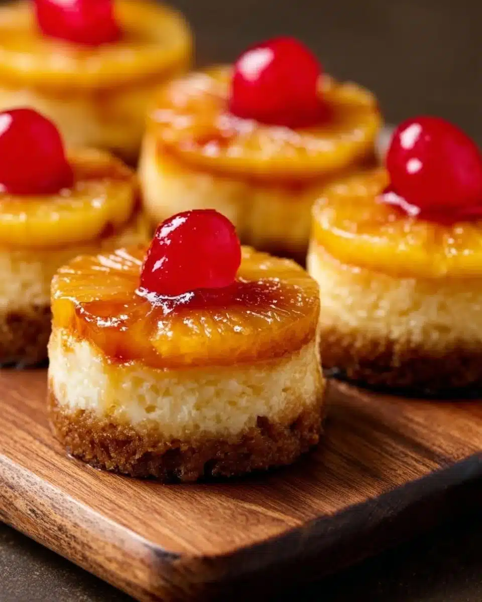 Mini Pineapple Upside-Down Cheesecakes with creamy vanilla base on a plate