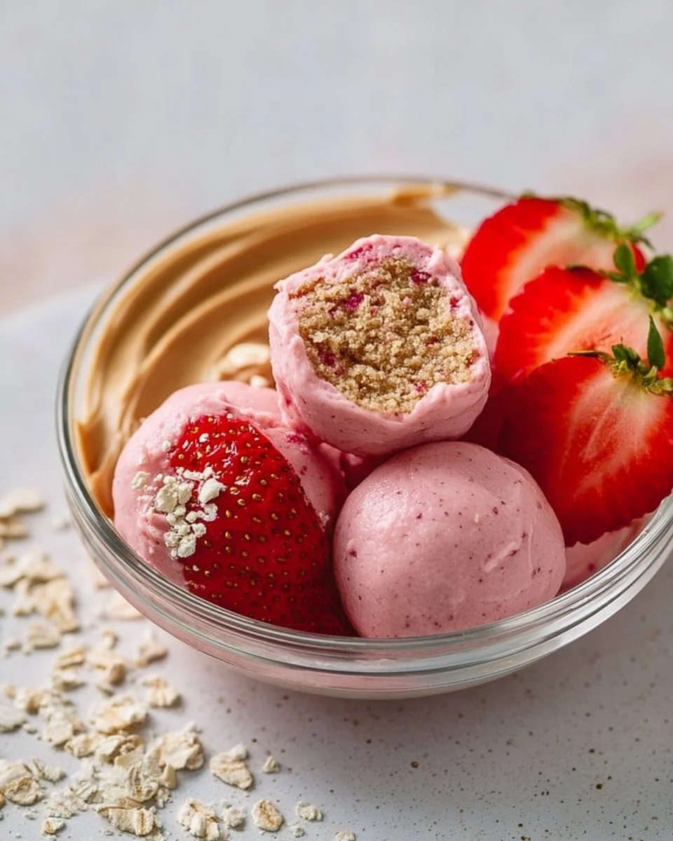 Healthy no-bake strawberry cheesecake protein balls on a plate