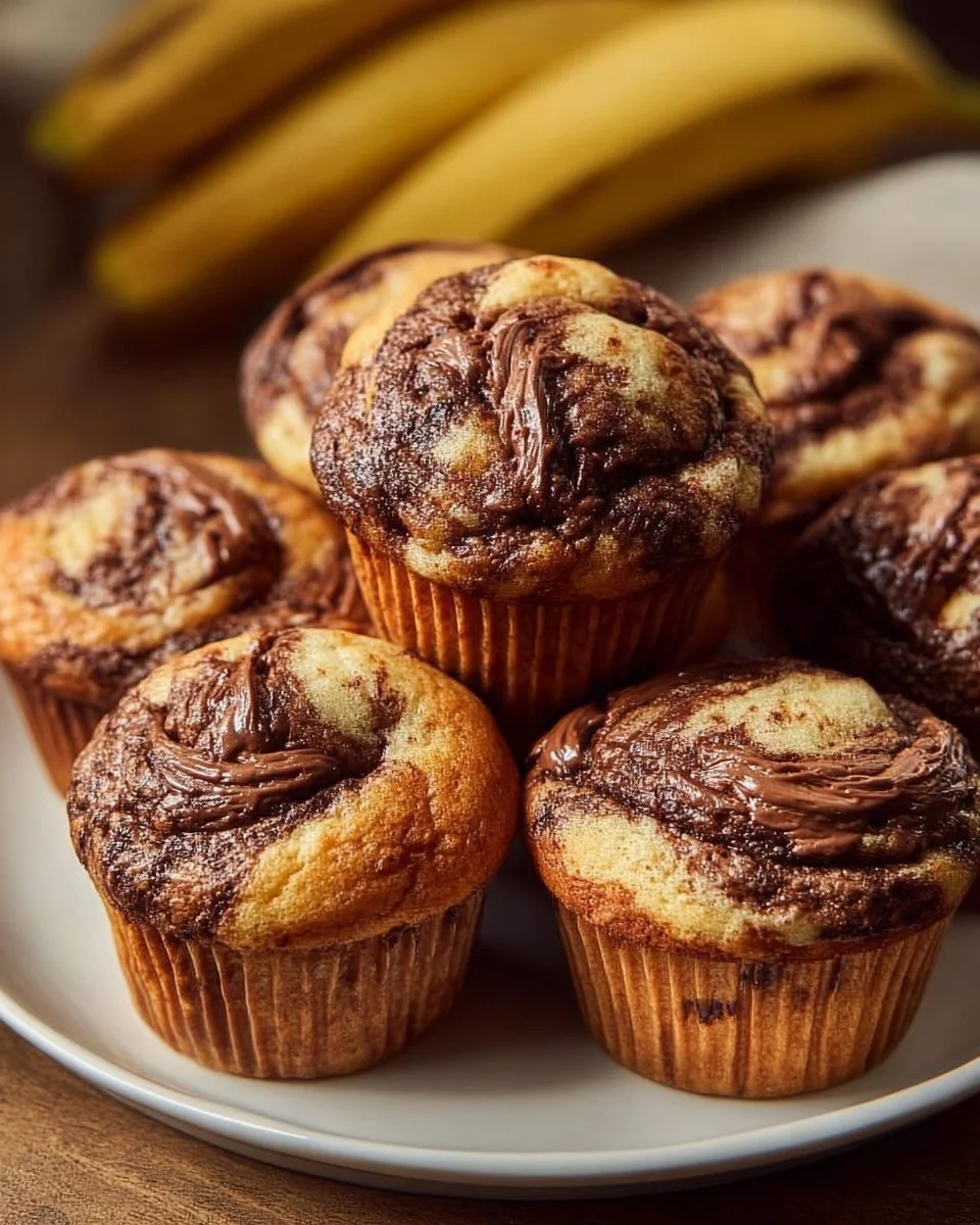 Moist bakery-style Nutella banana muffins with a delicious chocolate swirl.