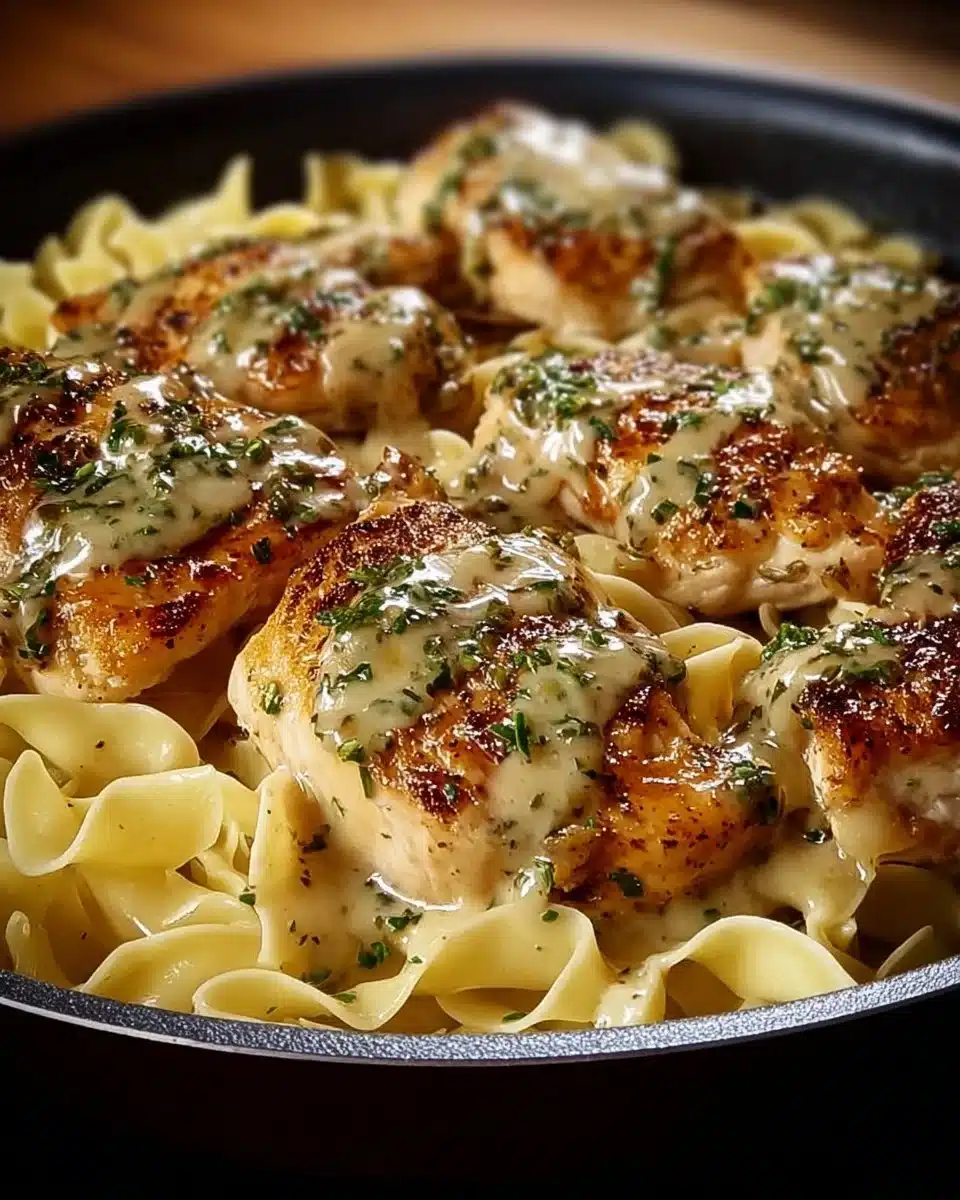 Delicious One-Pan Chicken with Buttered Noodles served on a dinner plate