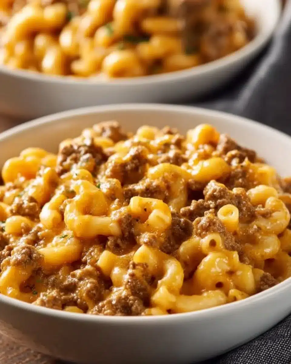 One-pot cheeseburger macaroni dish with cheese and ground beef