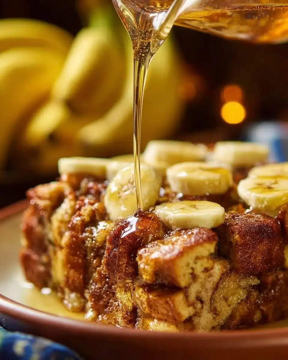 Overnight Baked Banana French Toast Casserole served with syrup and banana slices