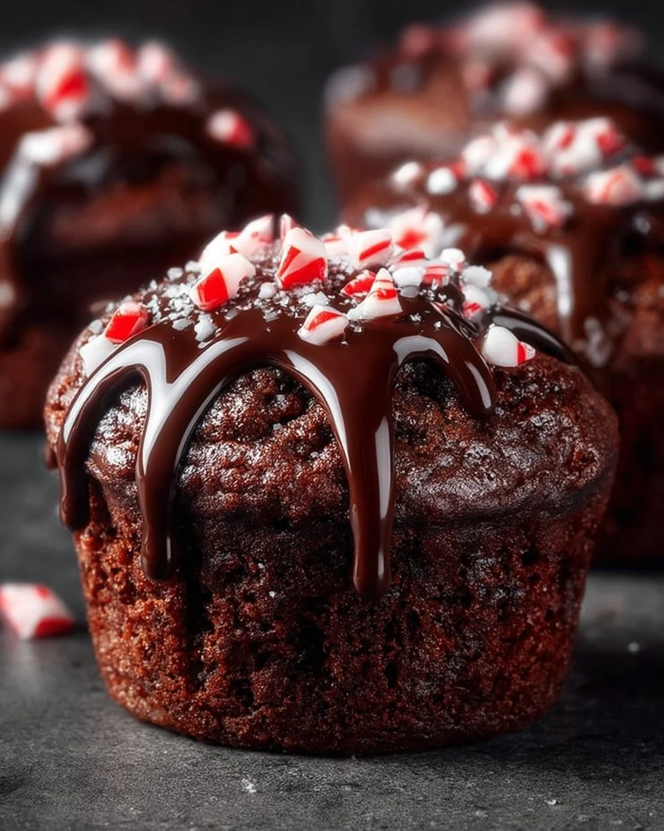 Peppermint hot chocolate muffins topped with chocolate drizzle and mint leaves