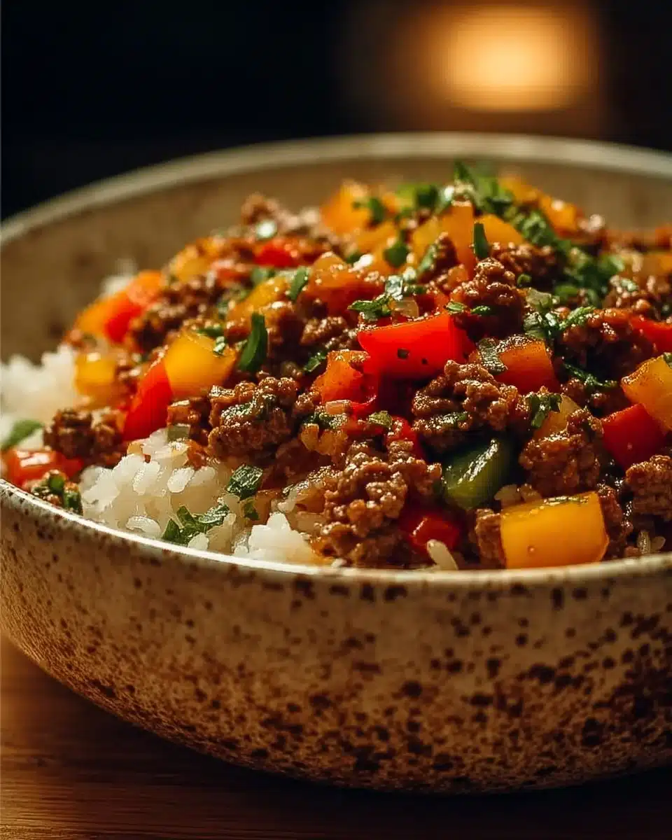 Savory beef and pepper rice bowl garnished with fresh herbs