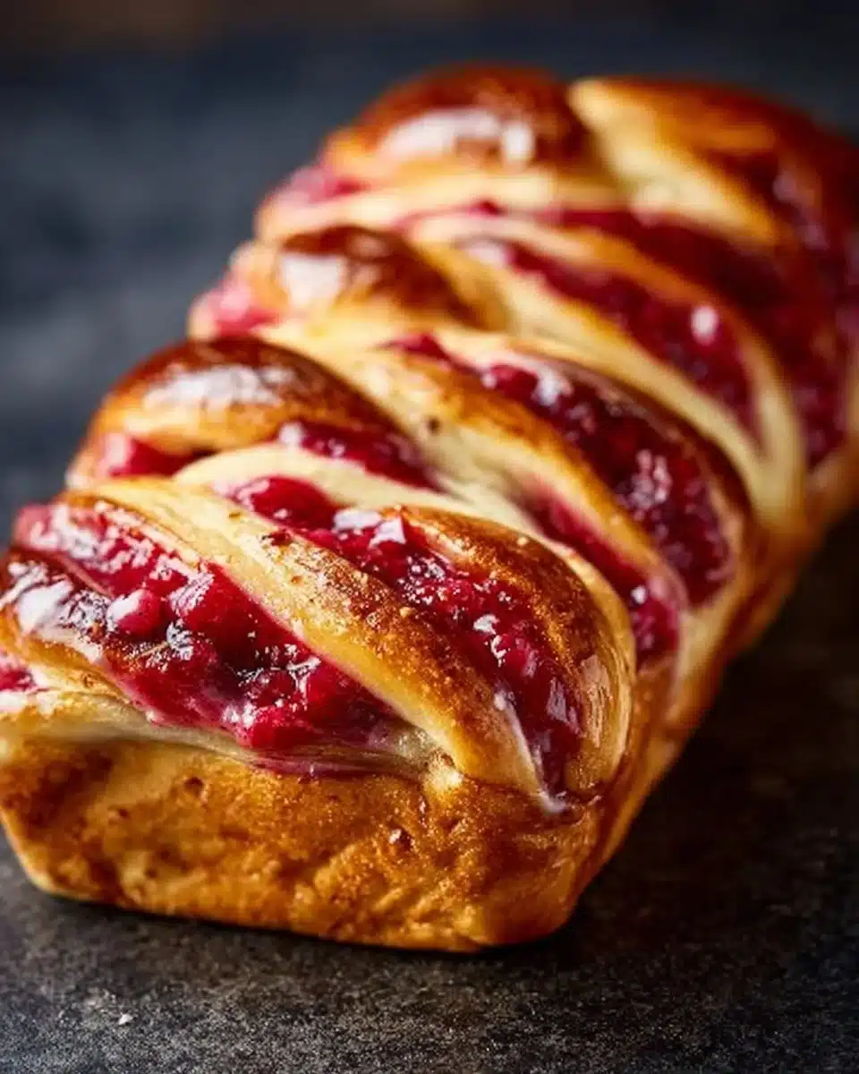 Freshly baked Raspberry Swirl Brioche loaf with rich berry swirls