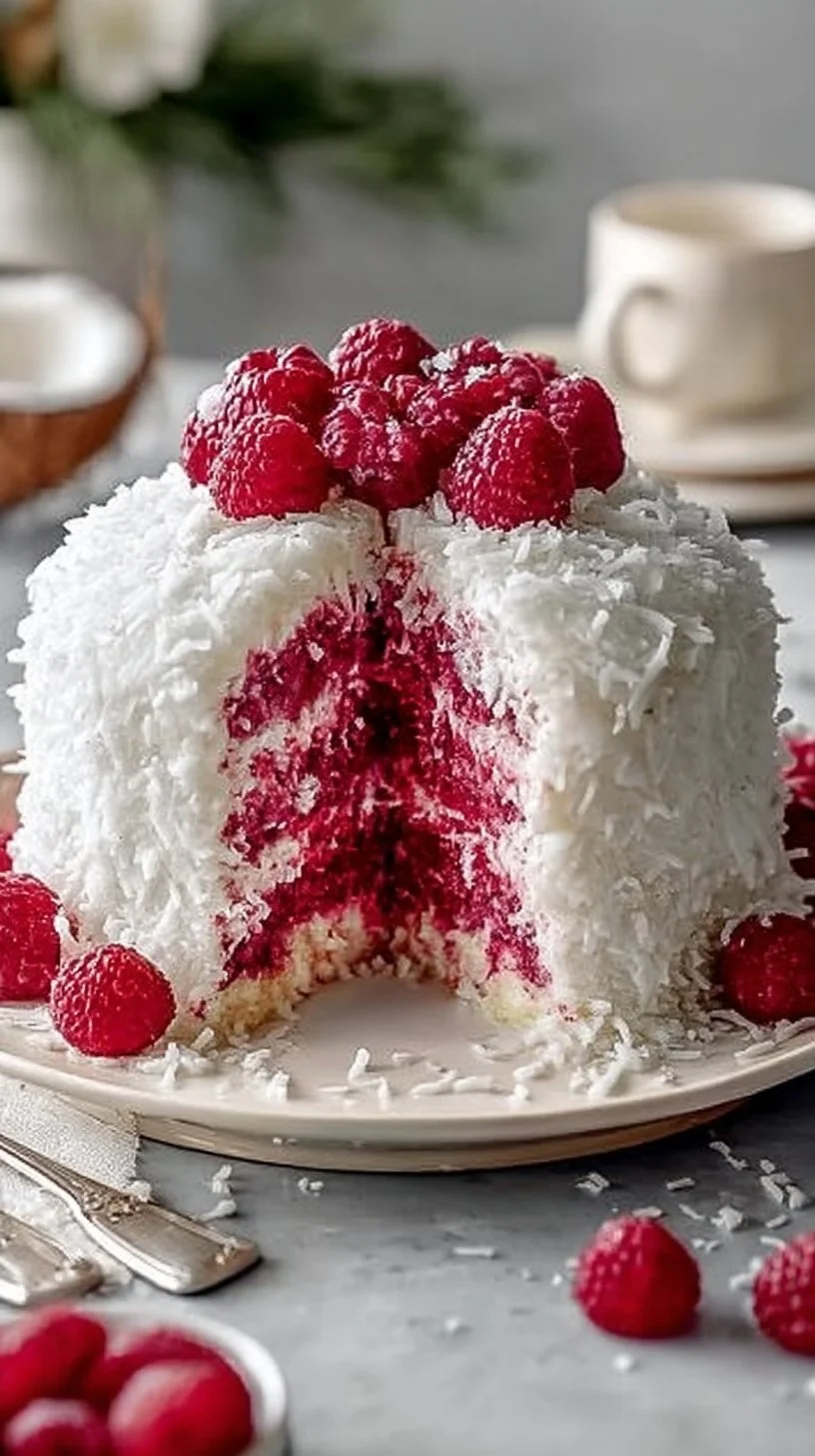 Raspberry Swirl Coconut Snowball Cake: Tropical Bliss Awaits