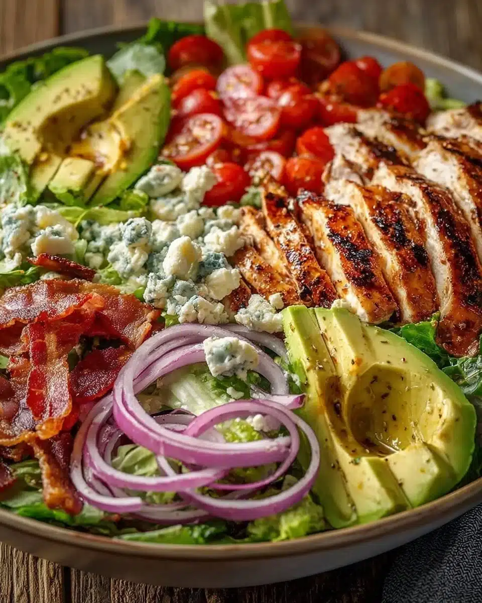 Savory BLT Chicken Salad topped with crispy bacon and creamy dressing