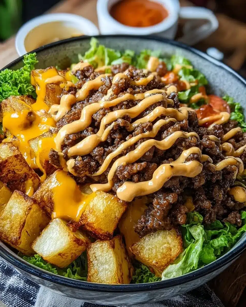 Savory smash burger bowl with toppings, inspired by classic diner flavors