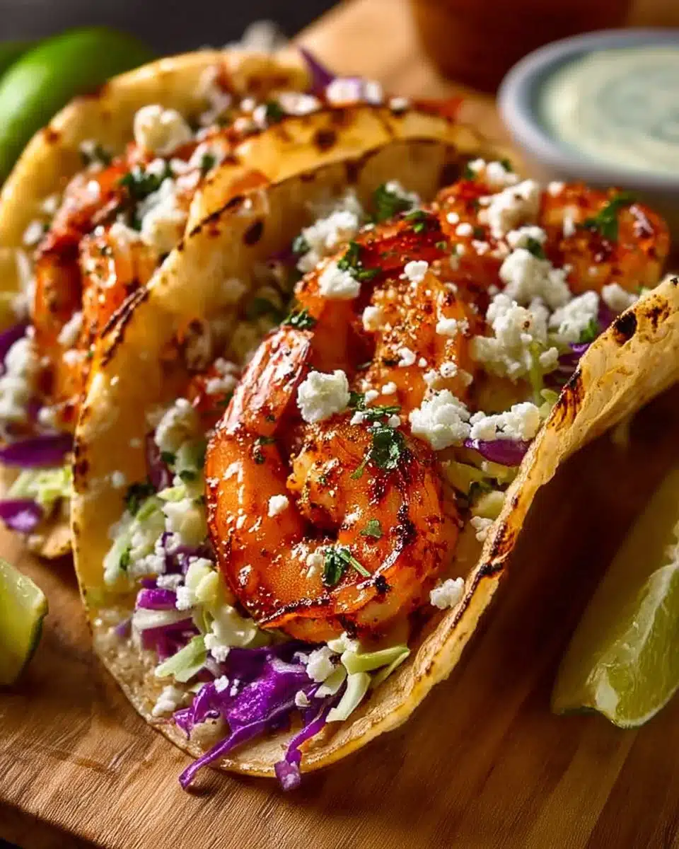 Shrimp tacos with juicy shrimp and creamy chili sauce served on a plate