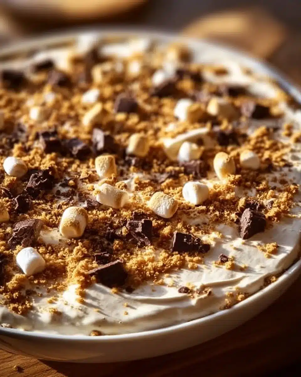 Delicious S'mores cheesecake dip served with graham crackers and chocolate
