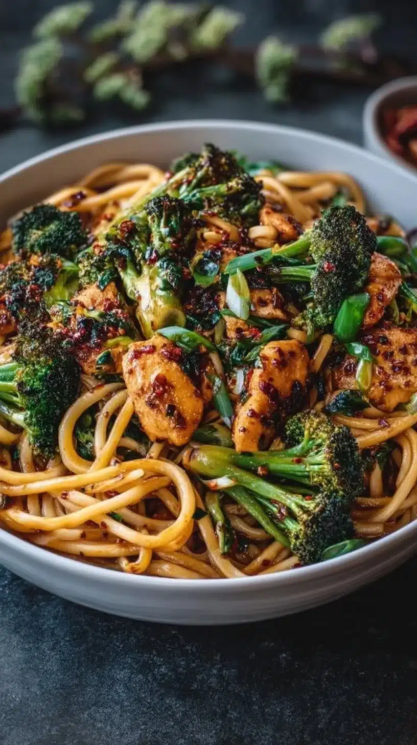Spicy Garlic Chicken and Broccoli Noodle Bowls Delight You!
