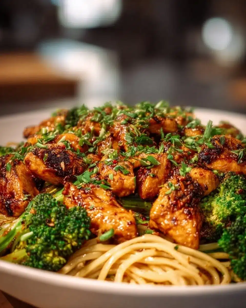 Spicy Garlic Chicken and Broccoli Noodle Bowls Delight You!