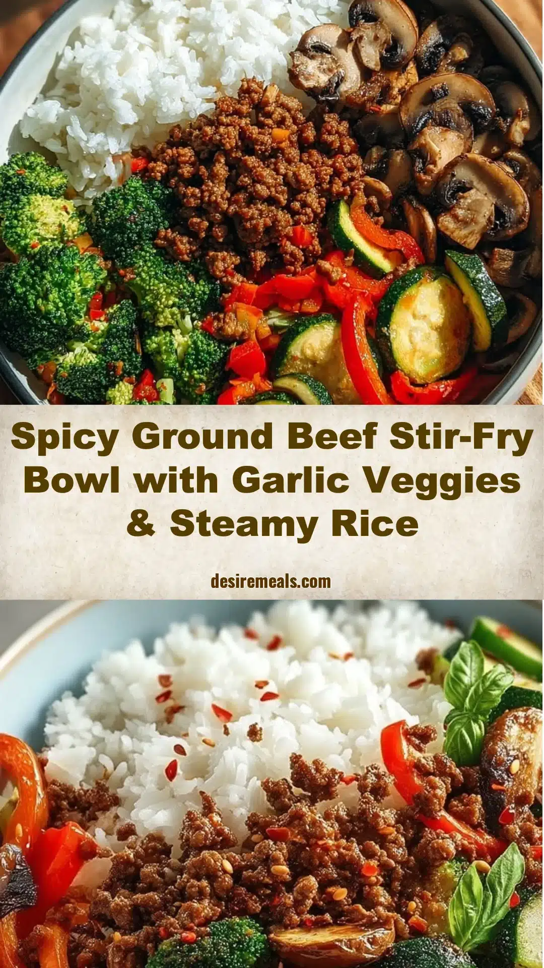 Spicy Ground Beef Stir-Fry Bowl with Garlic Veggies & Steamy Rice