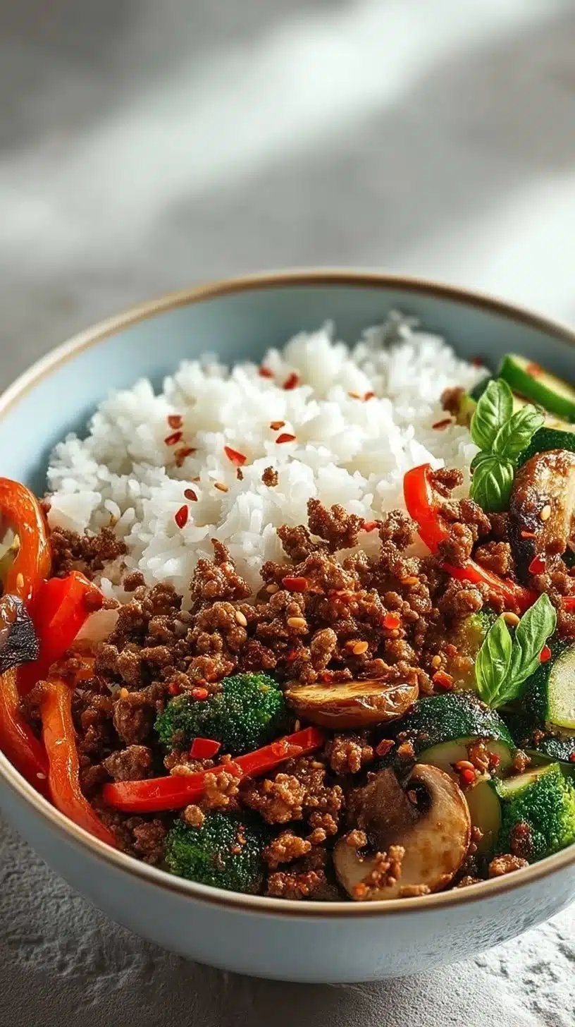 Spicy Ground Beef Stir-Fry Bowl with Garlic Veggies & Steamy Rice