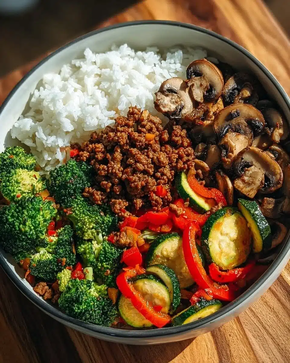 Spicy Ground Beef Stir-Fry Bowl with Garlic Veggies & Steamy Rice