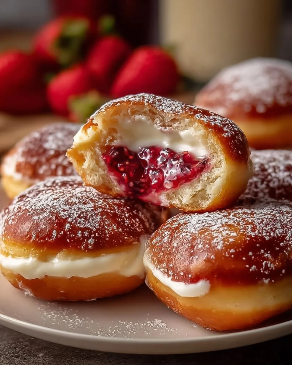 Delicious homemade strawberry cheesecake donuts on a plate.