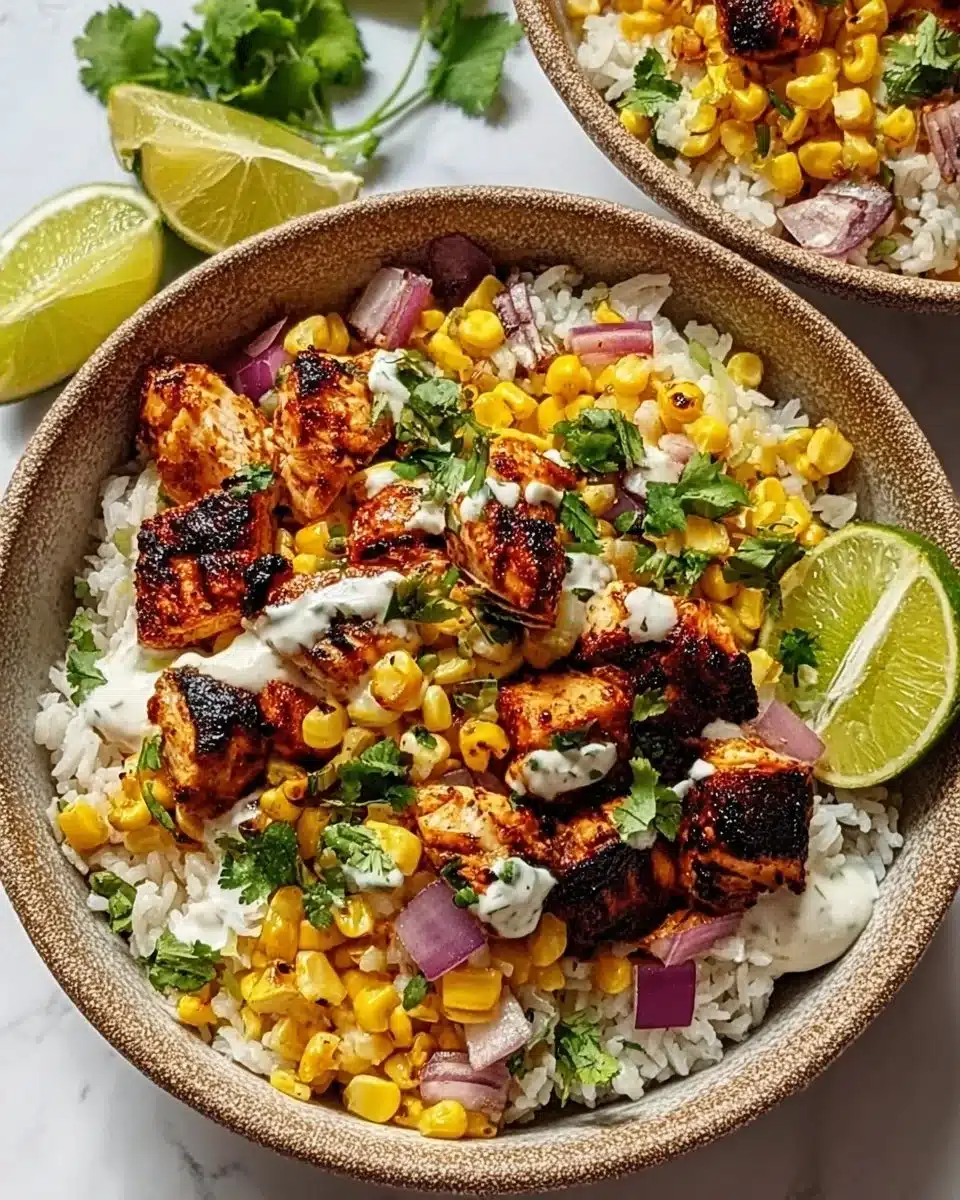 Street corn chicken rice bowl topped with creamy lime sauce