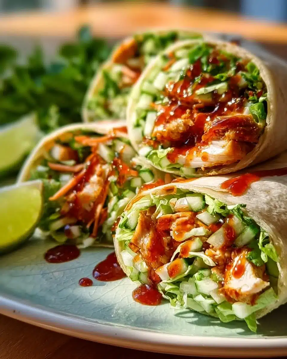 Delicious sweet chili chicken wraps with crisp veggies and sticky glaze