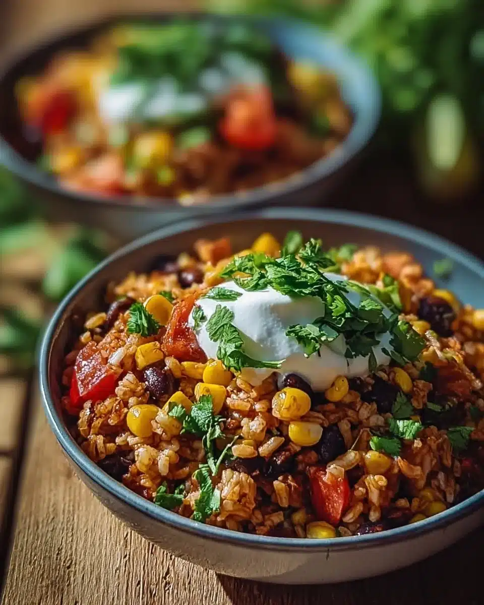 Taco Rice Bowl garnished with fresh toppings and seasoned beef