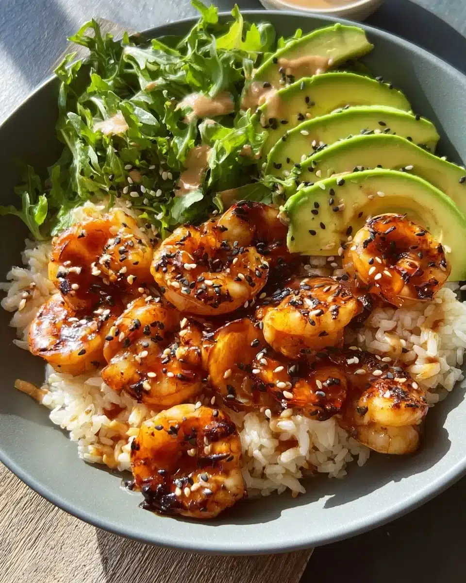 Teriyaki shrimp rice bowls topped with sticky glaze and colorful crisp veggies