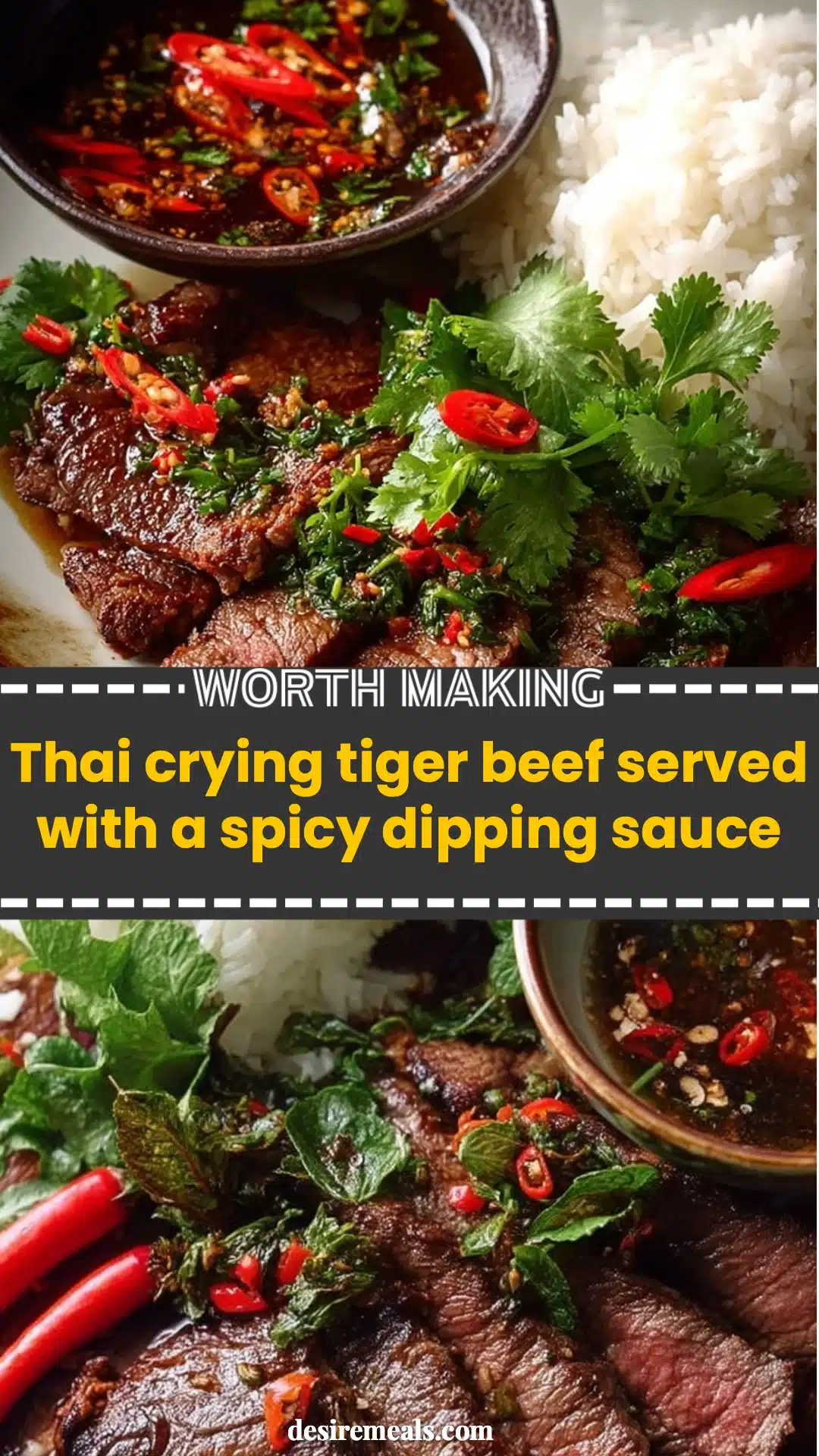 Thai crying tiger beef served with a spicy dipping sauce