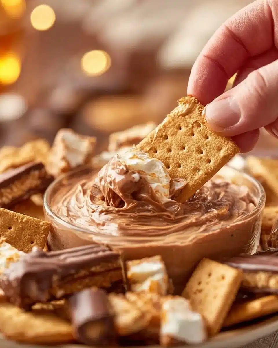 Creamy Twix dip made with chocolate and caramel, garnished with crunchy bits