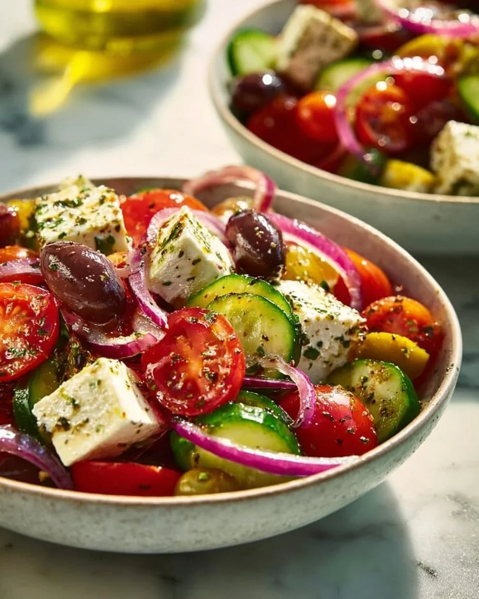 Authentic Mediterranean Greek Salad with juicy tomatoes and creamy feta cheese