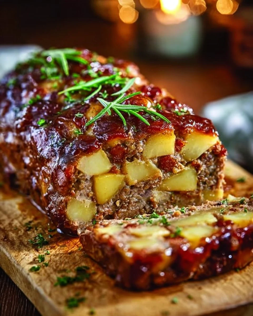 Delicious bacon and sausage-stuffed potato loaf on a rustic wooden table.